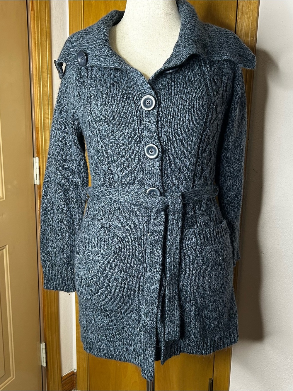 croft & barrow Dark Blue Belted Cable-Knit Cardigan